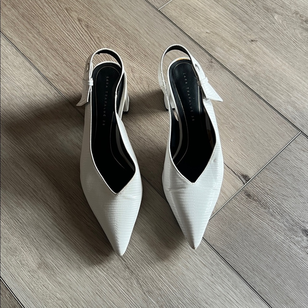 Zara Trafalug White Pointed Toe Women's Slingback Heels | Size 38
